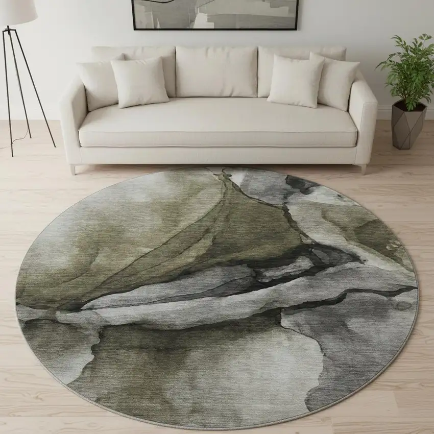 8' Gray Silver And Taupe Abstract Washable Round Rug With UV Protection Photo 2