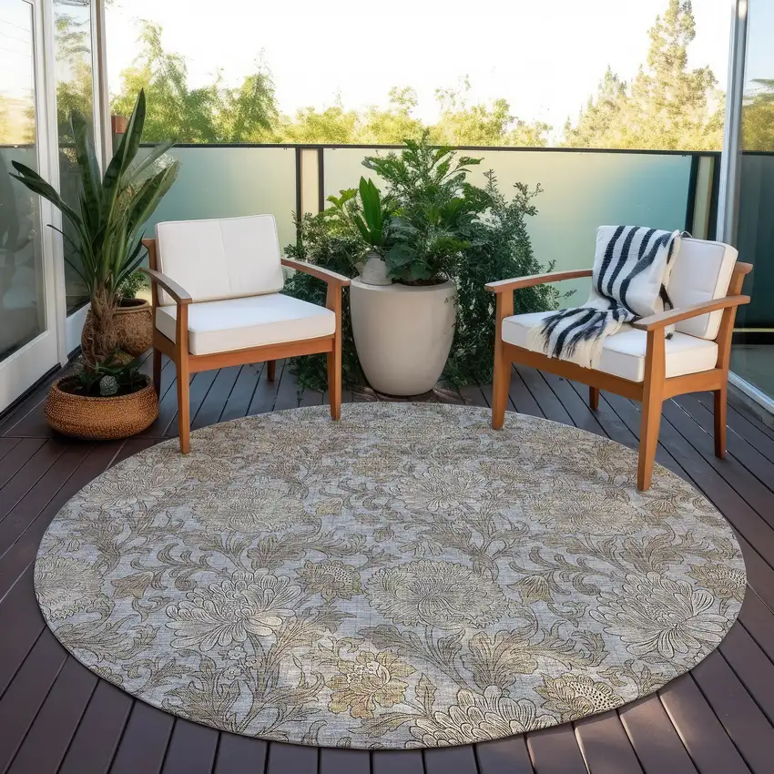 8' Gray Silver And Taupe Round Floral Washable Indoor Outdoor Area Rug Photo 6