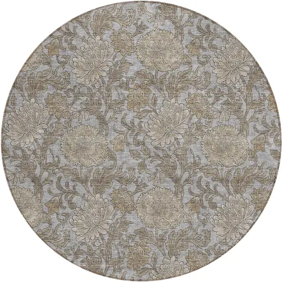 8' Gray Silver And Taupe Round Floral Washable Indoor Outdoor Area Rug Photo 2