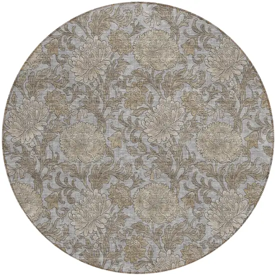 8' Gray Silver And Taupe Round Floral Washable Indoor Outdoor Area Rug Photo 2