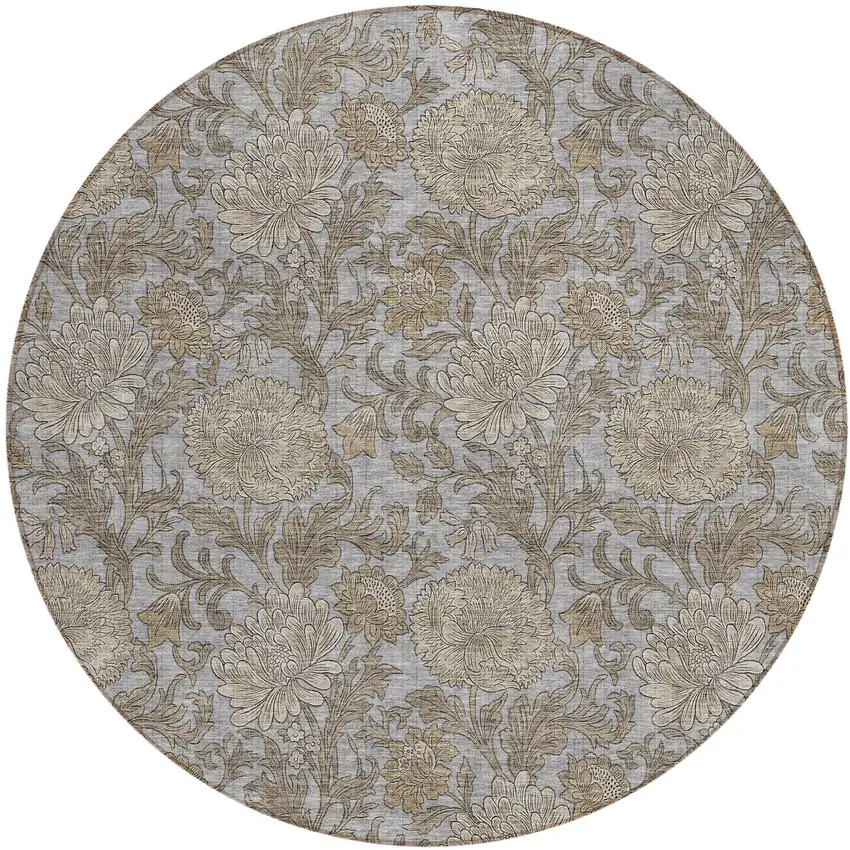 8' Gray Silver And Taupe Round Floral Washable Indoor Outdoor Area Rug Photo 2