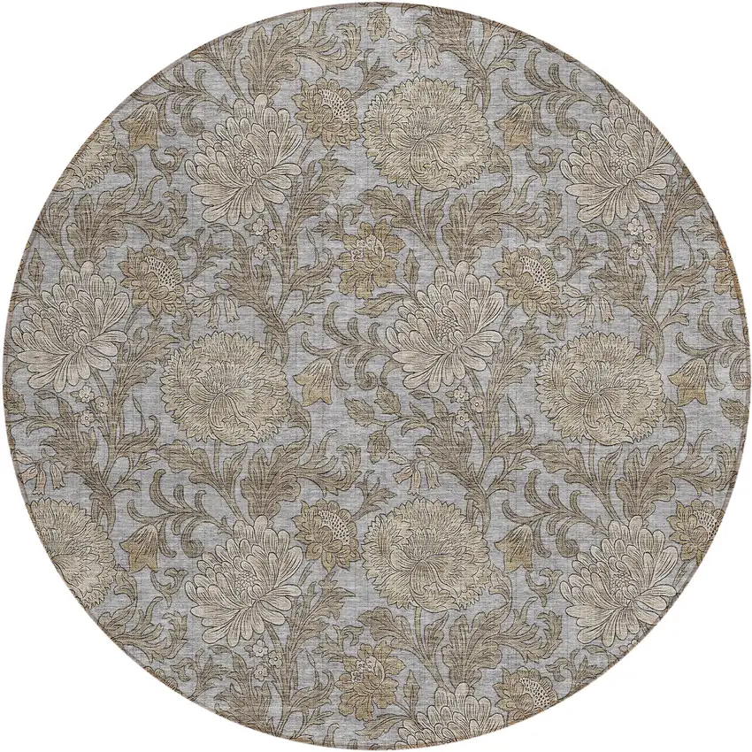 8' Gray Silver And Taupe Round Floral Washable Indoor Outdoor Area Rug Photo 2
