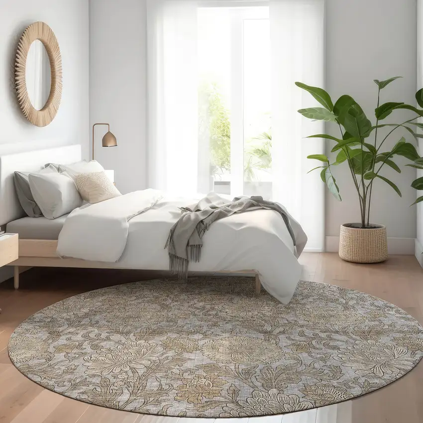 8' Gray Silver And Taupe Round Floral Washable Indoor Outdoor Area Rug Photo 7