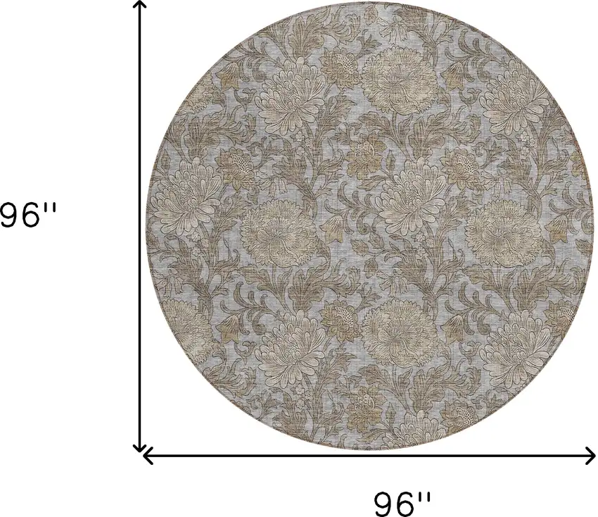 8' Gray Silver And Taupe Round Floral Washable Indoor Outdoor Area Rug Photo 3