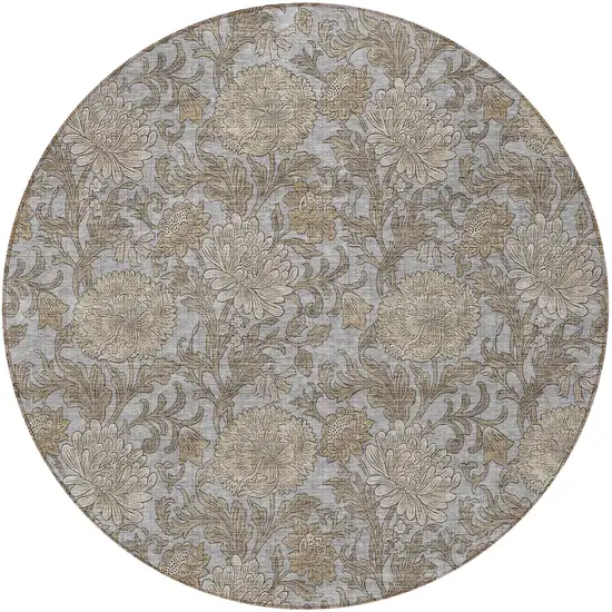 8' Gray Silver And Taupe Round Floral Washable Indoor Outdoor Area Rug Photo 5