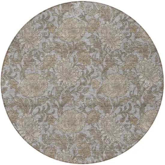 8' Gray Silver And Taupe Round Floral Washable Indoor Outdoor Area Rug Photo 5