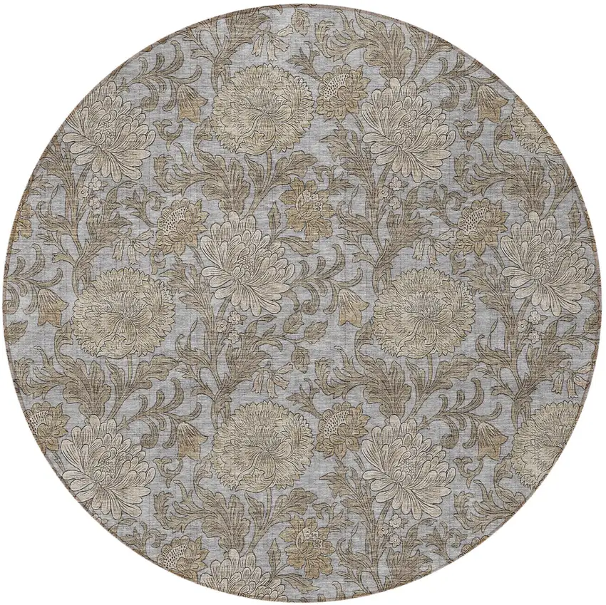 8' Gray Silver And Taupe Round Floral Washable Indoor Outdoor Area Rug Photo 5