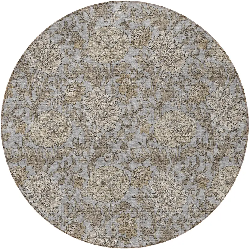 8' Gray Silver And Taupe Round Floral Washable Indoor Outdoor Area Rug Photo 5
