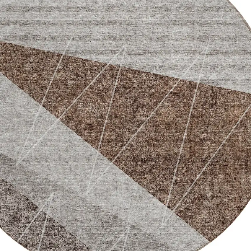 8' Gray Silver And Taupe Round Geometric Washable Indoor Outdoor Area Rug Photo 5