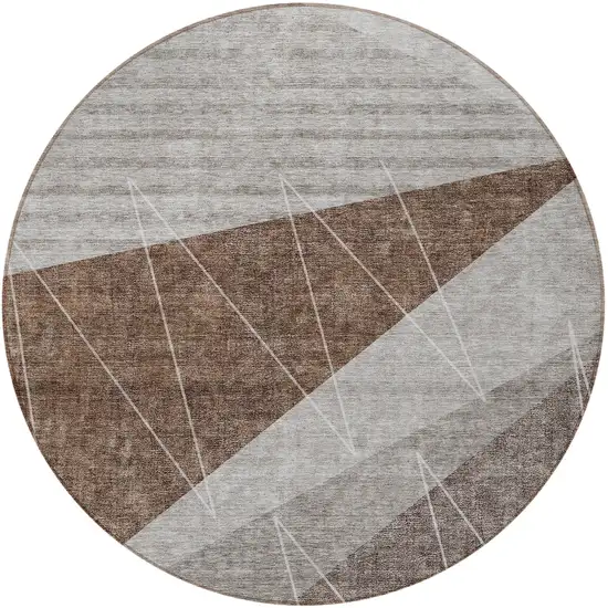 8' Gray Silver And Taupe Round Geometric Washable Indoor Outdoor Area Rug Photo 6