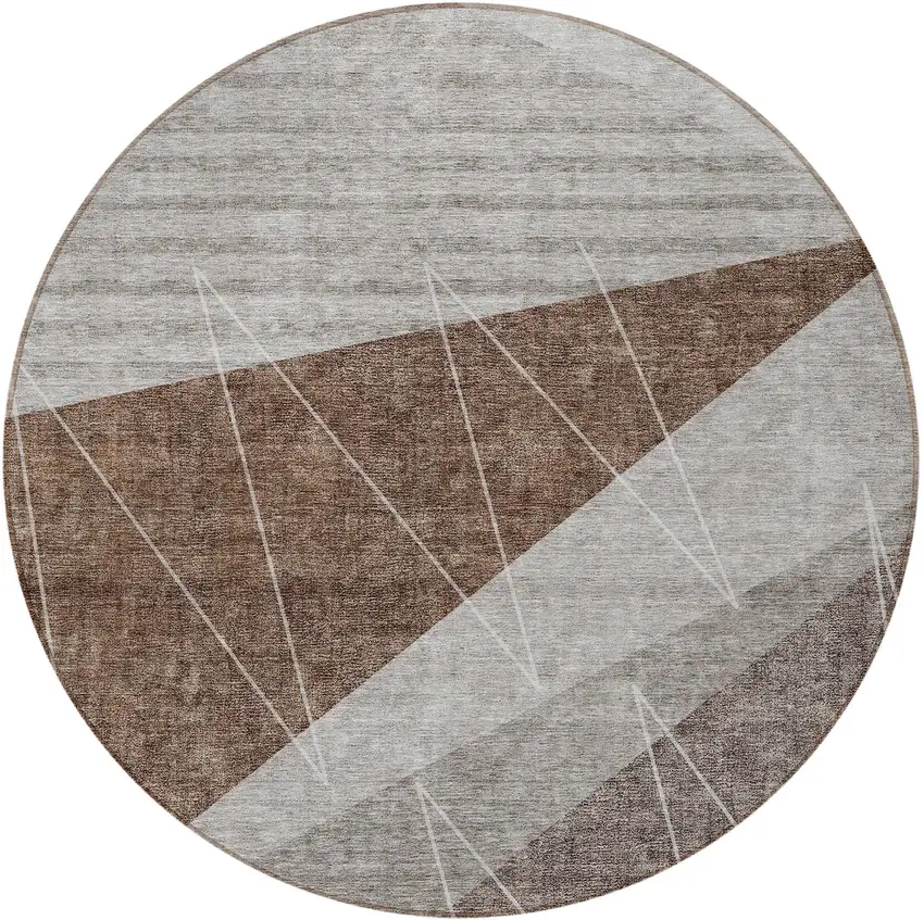 8' Gray Silver And Taupe Round Geometric Washable Indoor Outdoor Area Rug Photo 6