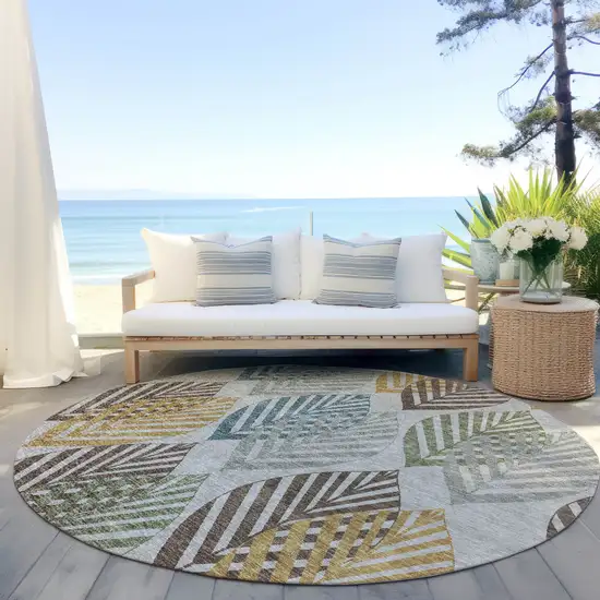 8' Gray Silver And Teal Blue Round Floral Washable Indoor Outdoor Area Rug Photo 7