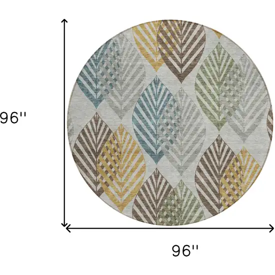 8' Gray Silver And Teal Blue Round Floral Washable Indoor Outdoor Area Rug Photo 9