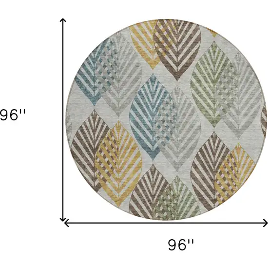 8' Gray Silver And Teal Blue Round Floral Washable Indoor Outdoor Area Rug Photo 9