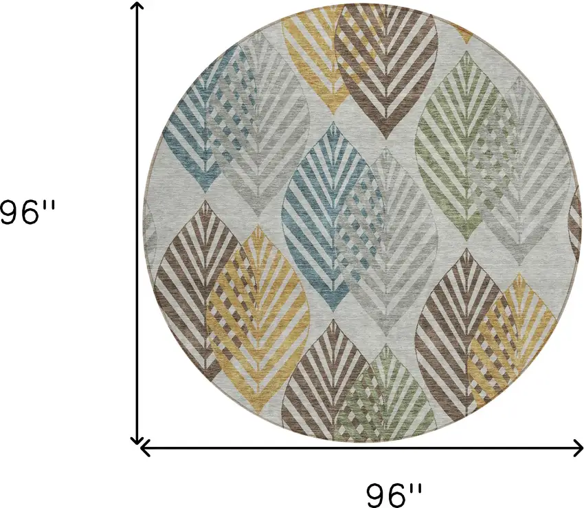 8' Gray Silver And Teal Blue Round Floral Washable Indoor Outdoor Area Rug Photo 9