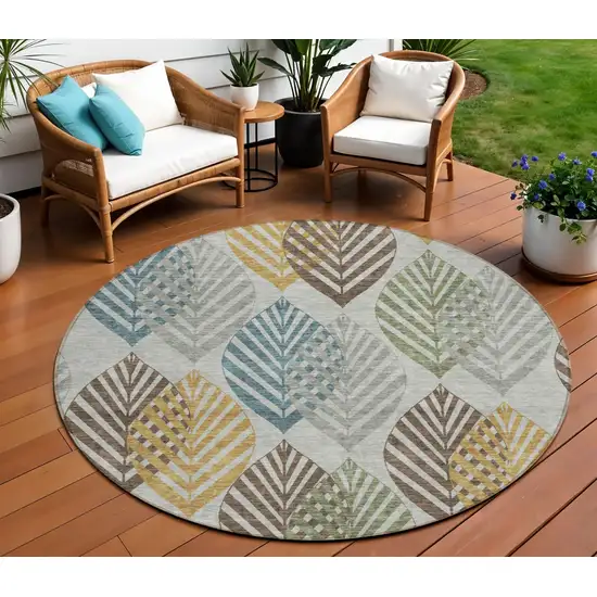 8' Gray Silver And Teal Blue Round Floral Washable Indoor Outdoor Area Rug Photo 1