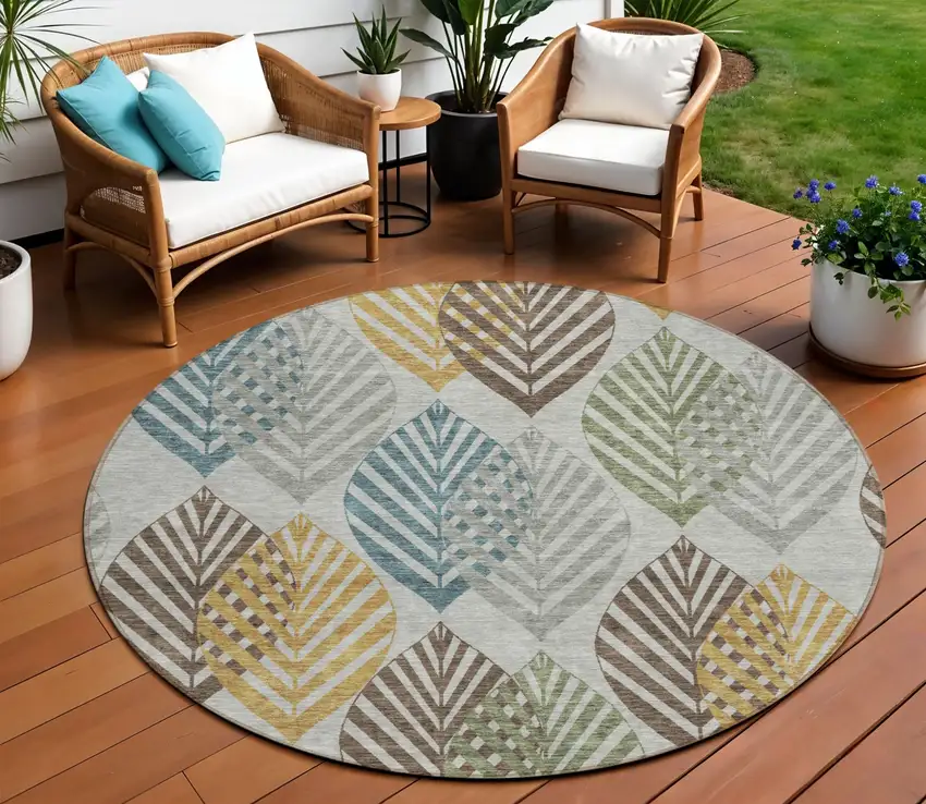 8' Gray Silver And Teal Blue Round Floral Washable Indoor Outdoor Area Rug Photo 1
