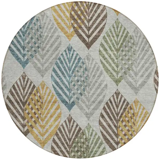 8' Gray Silver And Teal Blue Round Floral Washable Indoor Outdoor Area Rug Photo 6