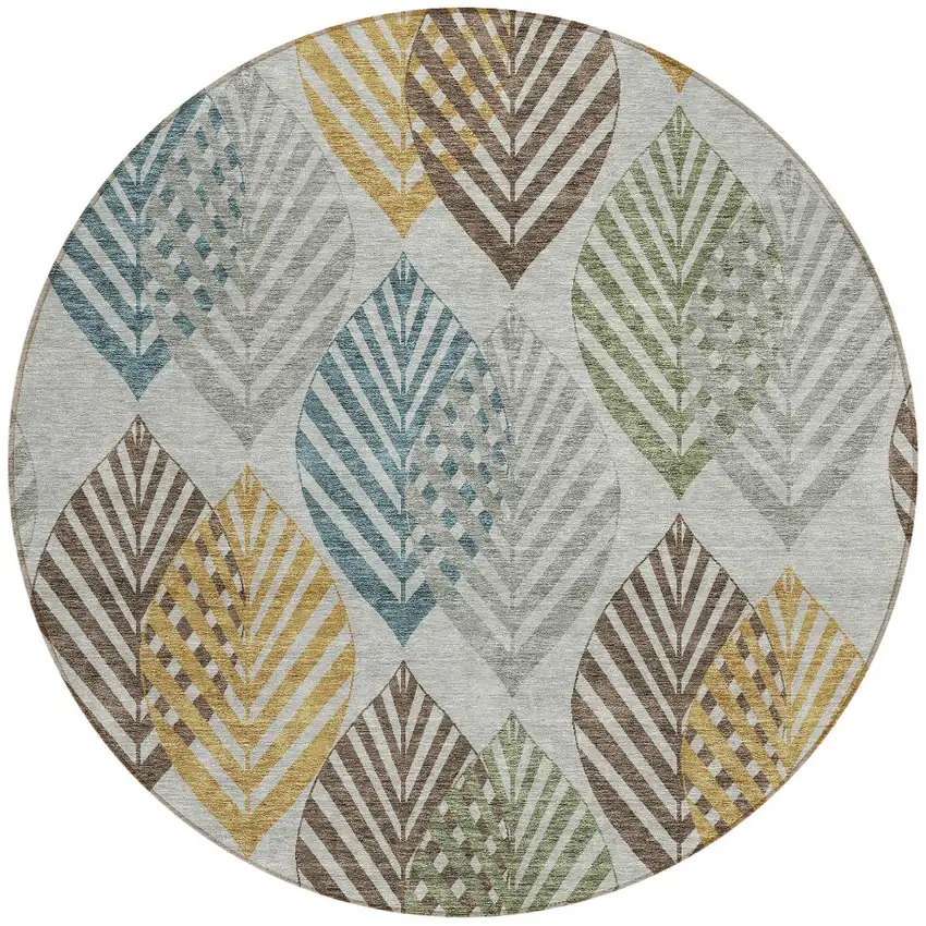 8' Gray Silver And Teal Blue Round Floral Washable Indoor Outdoor Area Rug Photo 6