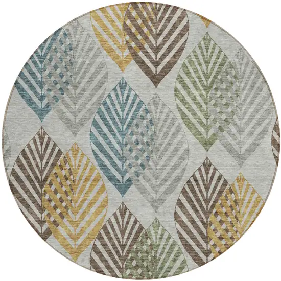 8' Gray Silver And Teal Blue Round Floral Washable Indoor Outdoor Area Rug Photo 2