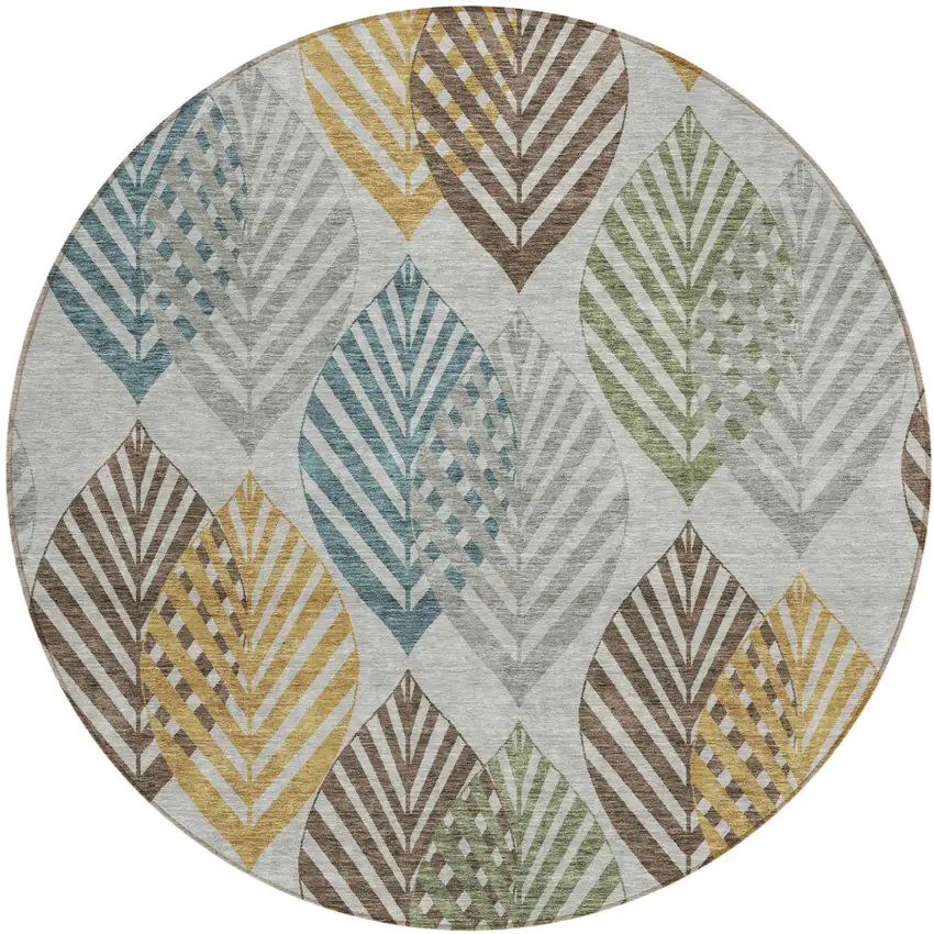 8' Gray Silver And Teal Blue Round Floral Washable Indoor Outdoor Area Rug Photo 2