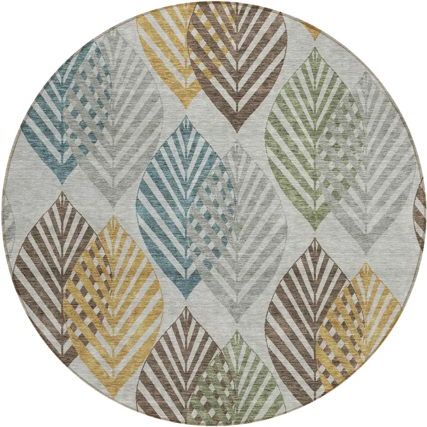 8' Gray Silver And Teal Blue Round Floral Washable Indoor Outdoor Area Rug Photo 2