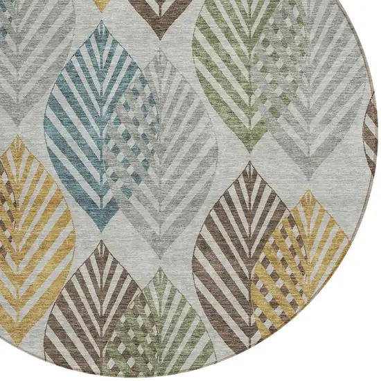 8' Gray Silver And Teal Blue Round Floral Washable Indoor Outdoor Area Rug Photo 4