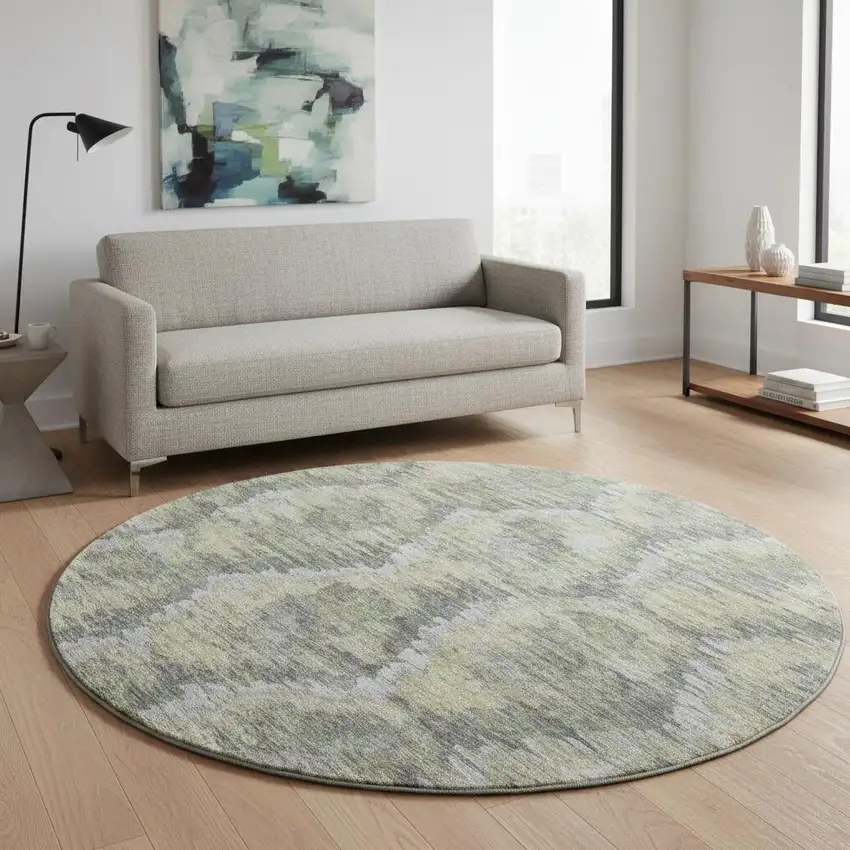 8' Gray Silver And Wheat Diamond Washable Round Rug With UV Protection Photo 2