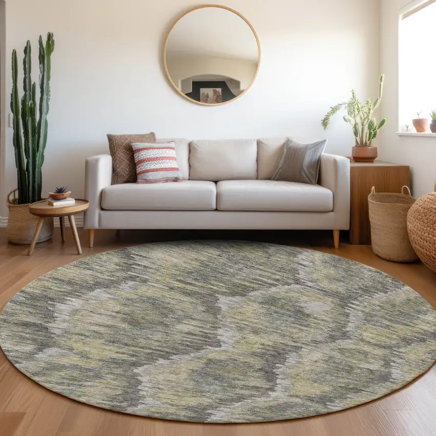 8' Gray Silver And Wheat Round Abstract Washable Indoor Outdoor Area Rug Photo 7