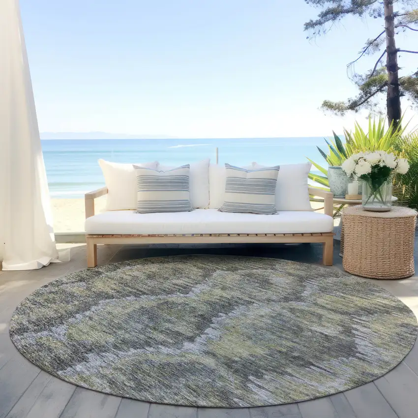 8' Gray Silver And Wheat Round Abstract Washable Indoor Outdoor Area Rug Photo 6