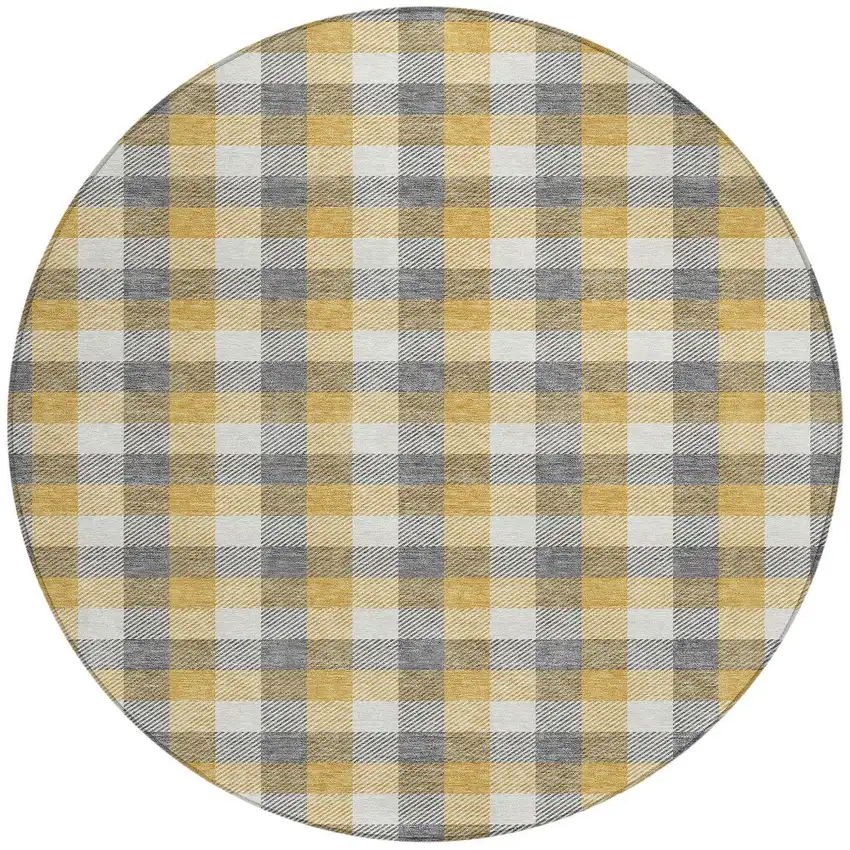 8' Gray Tan And Beige Round Plaid Washable Indoor Outdoor Area Rug Photo 6