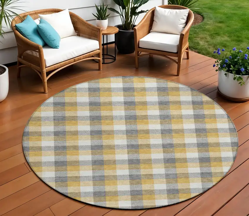 8' Gray Tan And Beige Round Plaid Washable Indoor Outdoor Area Rug Photo 1