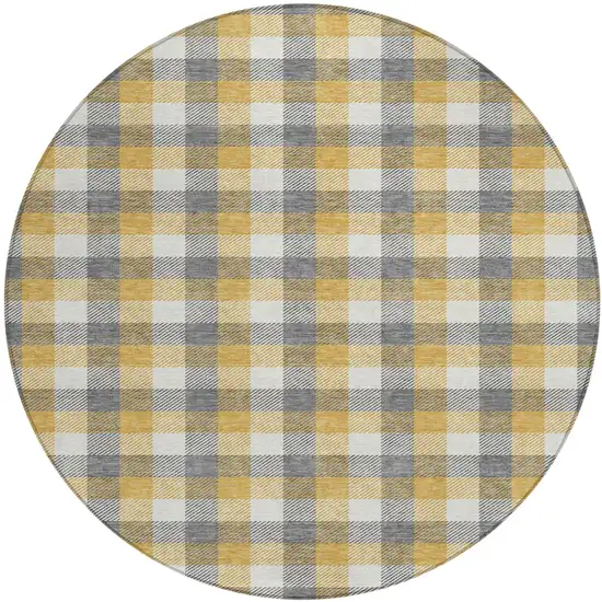 8' Gray Tan And Beige Round Plaid Washable Indoor Outdoor Area Rug Photo 2