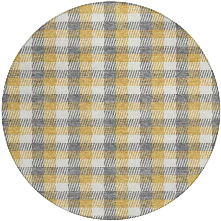 8' Gray Tan And Beige Round Plaid Washable Indoor Outdoor Area Rug Photo 2