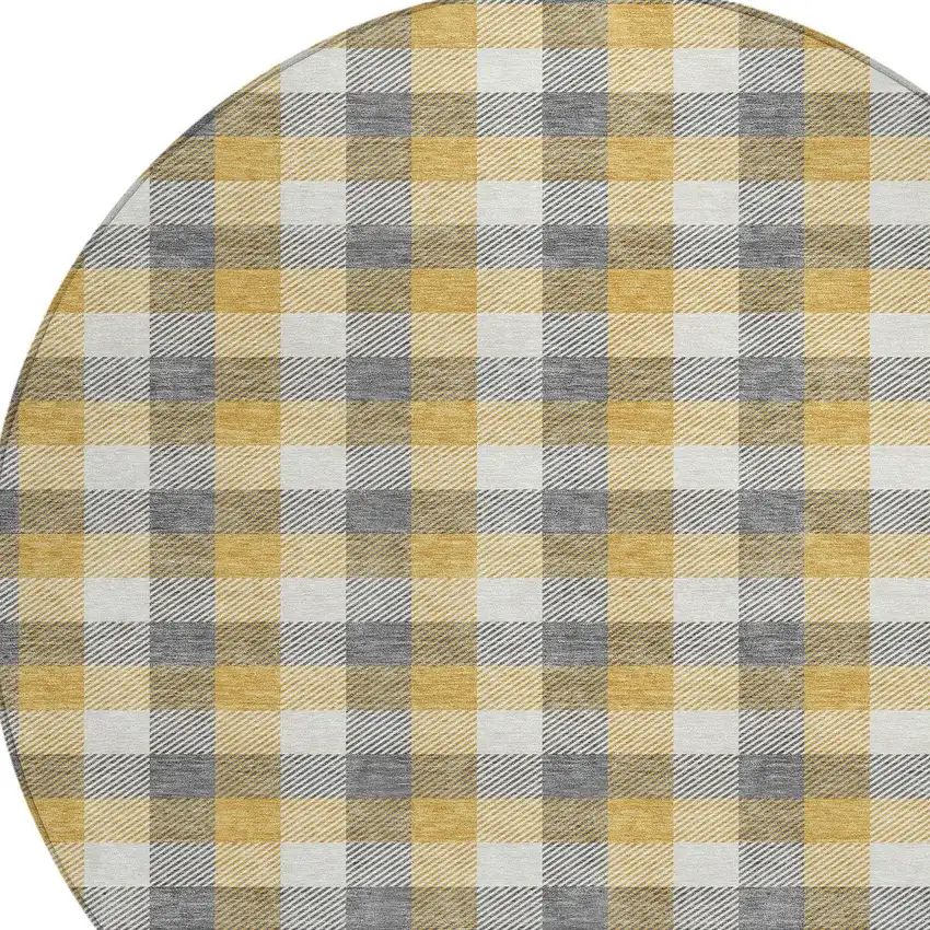 8' Gray Tan And Beige Round Plaid Washable Indoor Outdoor Area Rug Photo 5