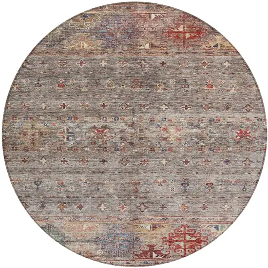 8' Gray Tan And Terra Cotta Round Floral Washable Indoor Outdoor Area Rug Photo 2