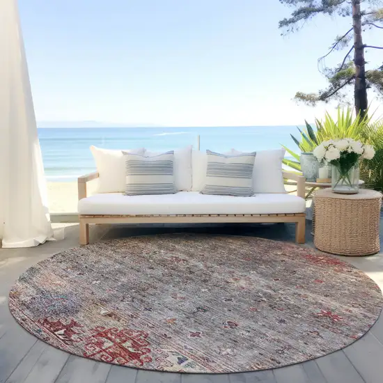 8' Gray Tan And Terra Cotta Round Floral Washable Indoor Outdoor Area Rug Photo 6