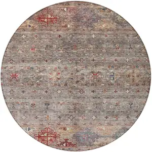 Photo of 8' Gray Tan And Terra Cotta Round Floral Washable Indoor Outdoor Area Rug