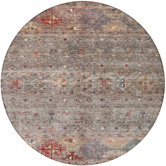 8' Gray Tan And Terra Cotta Round Floral Washable Indoor Outdoor Area Rug Photo 5
