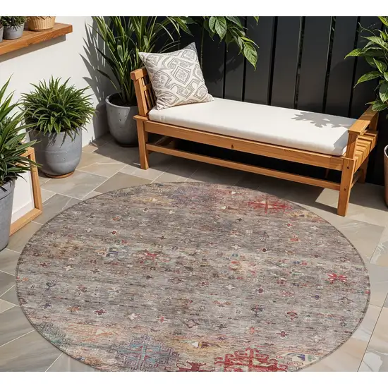 8' Gray Tan And Terra Cotta Round Floral Washable Indoor Outdoor Area Rug Photo 1