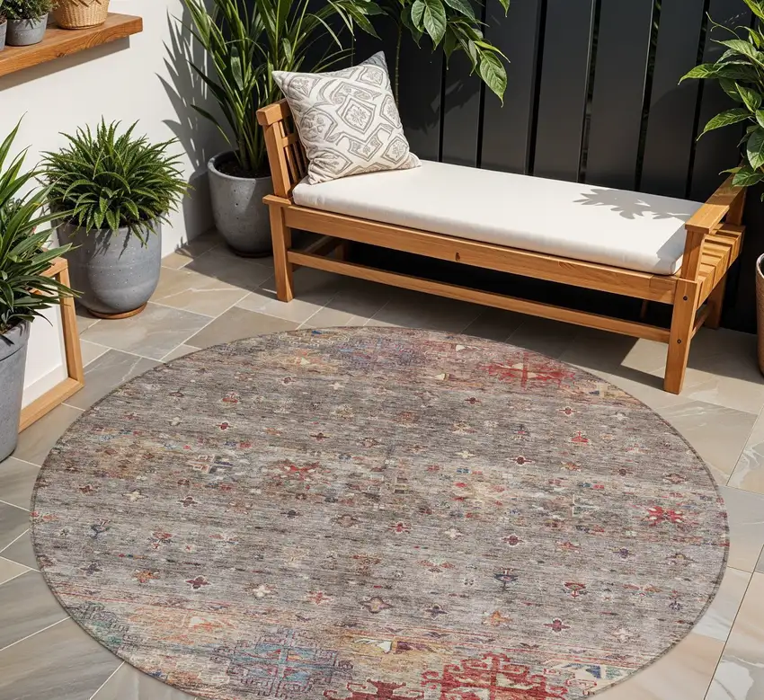8' Gray Tan And Terra Cotta Round Floral Washable Indoor Outdoor Area Rug Photo 1