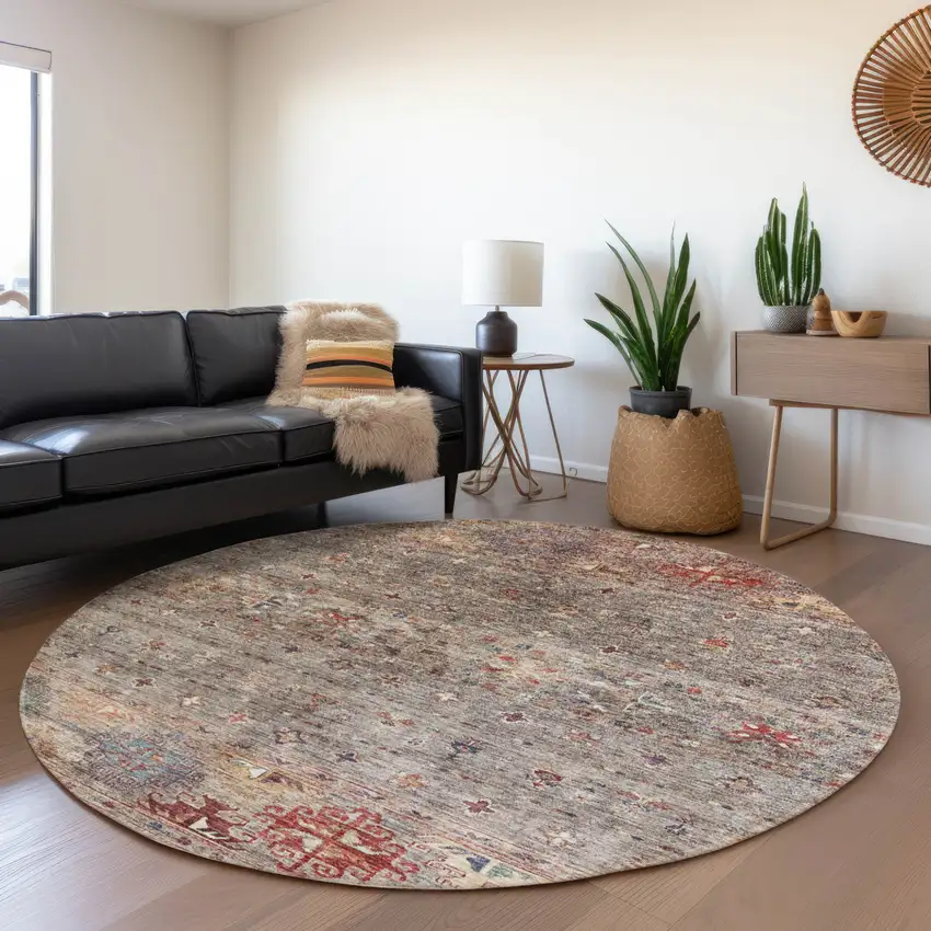 8' Gray Tan And Terra Cotta Round Floral Washable Indoor Outdoor Area Rug Photo 7