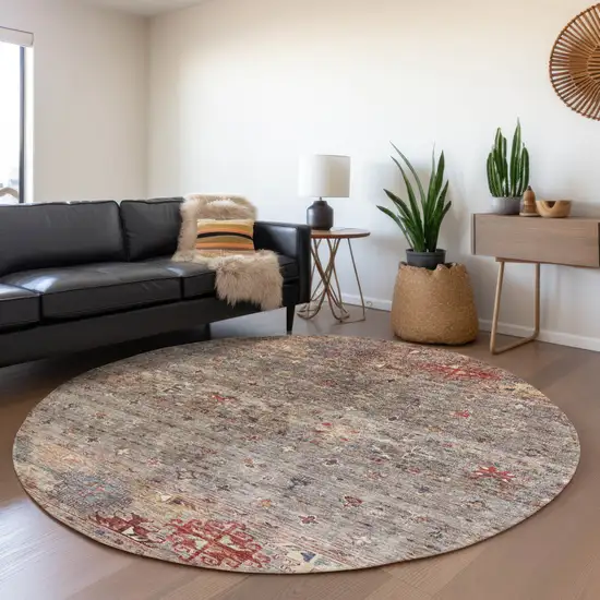 8' Gray Tan And Terra Cotta Round Floral Washable Indoor Outdoor Area Rug Photo 7