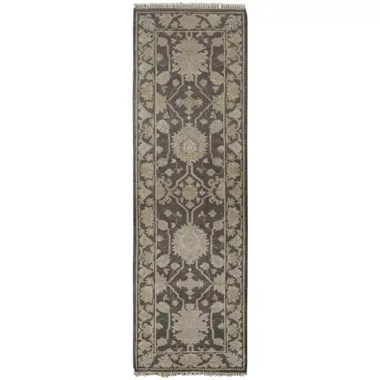 8' Gray Taupe And Black Wool Floral Hand Knotted Area Rug Photo 3