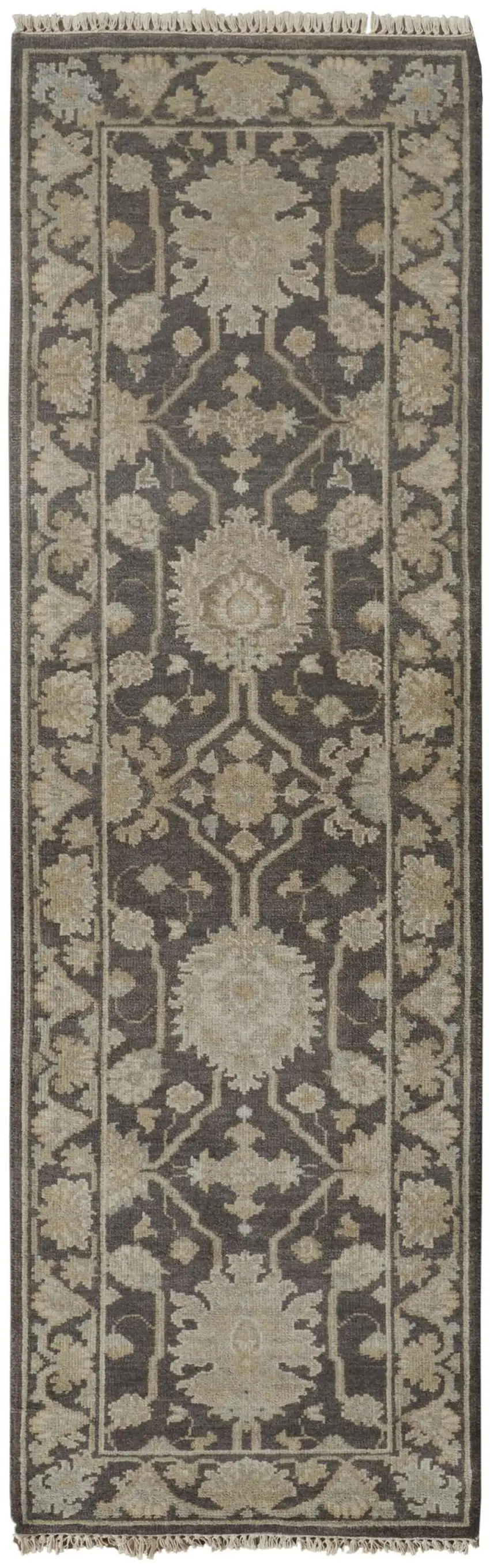 8' Gray Taupe And Black Wool Floral Hand Knotted Area Rug Photo 3