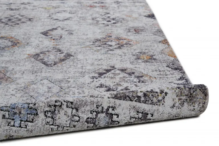8' Gray Taupe And Blue Geometric Stain Resistant Runner Rug Photo 1