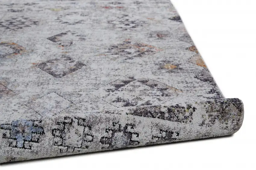8' Gray Taupe And Blue Geometric Stain Resistant Runner Rug Photo 1