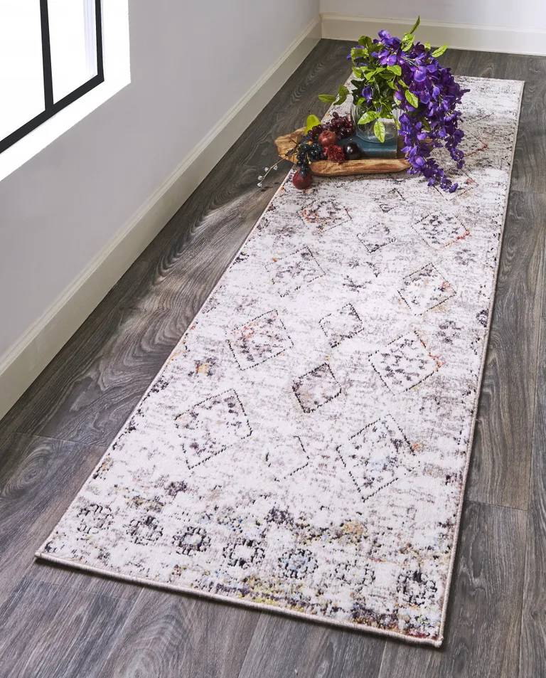 8' Gray Taupe And Blue Geometric Stain Resistant Runner Rug Photo 3