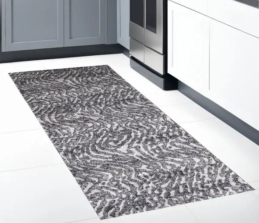 Gray and Ivory Abstract Power Loom Runner Rug Photo 1