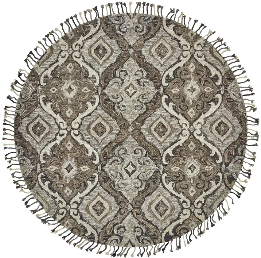 8' Gray Taupe And Ivory Round Wool Floral Tufted Handmade Stain Resistant Area Rug With Fringe Photo 1